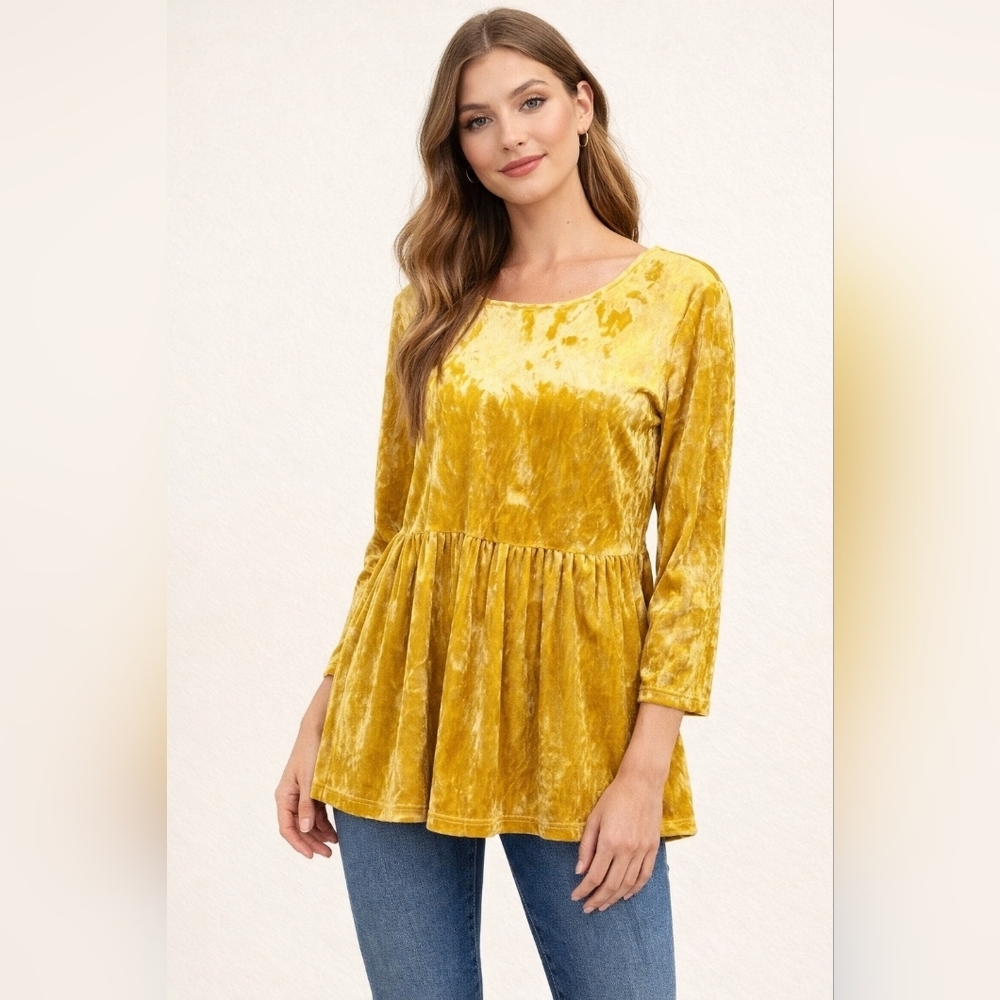 First Love Gold Crushed Velvet Babydoll Tunic Top Sz S #1073